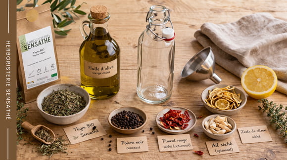 Ingrédients pour préparer une huile d’olive infusée au thym, citron, poivre et huile d’olive vierge extra - Herboristerie Sensathé Ingrédients pour préparer une huile d’olive infusée au thym, citron, poivre et huile d’olive vierge extra - Herboristerie Sensathé